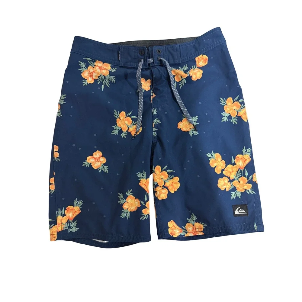 Quiksilver Boys‎ Navy Blue Orange Floral Poppy Board Shorts Swim Trunks